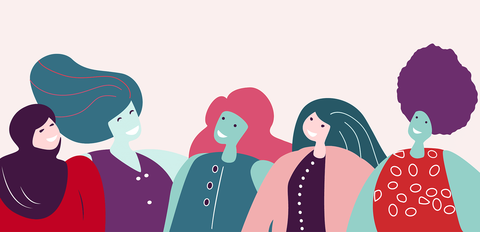 Réunion de projet avec cinq femmes souriantes
