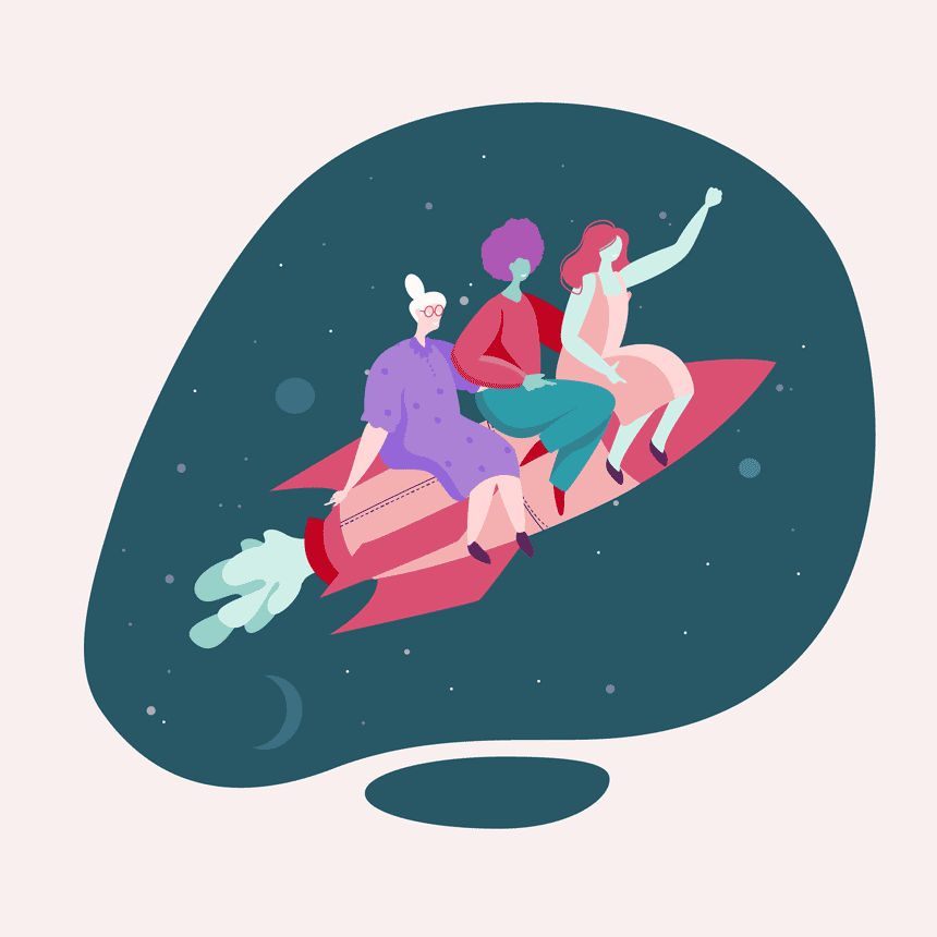 Illustration femmes assises sur une fusée 
